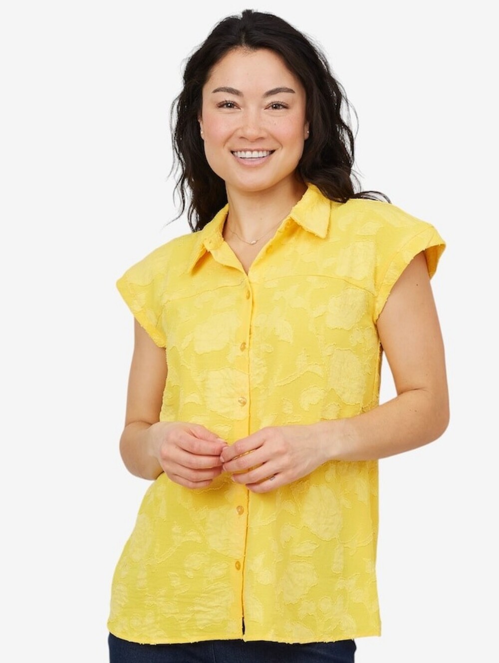 Nina Leonard Bright Yellow Jacquard Button-Front Dress